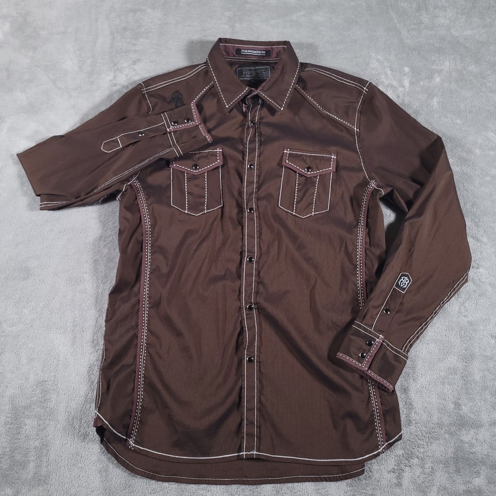 Roar Shirt Mens L Brown Solidarity Snap Button Up Contrast Stitch Striped *Flaw